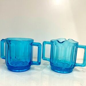 Vintage Tiara Indiana Glass Horizon Blue Panel Sugar Bowl & Creamer Set
